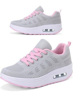 Women's Grey Pink Rocker Bottom Air Cushion Walking Shoes Platform Sneakers